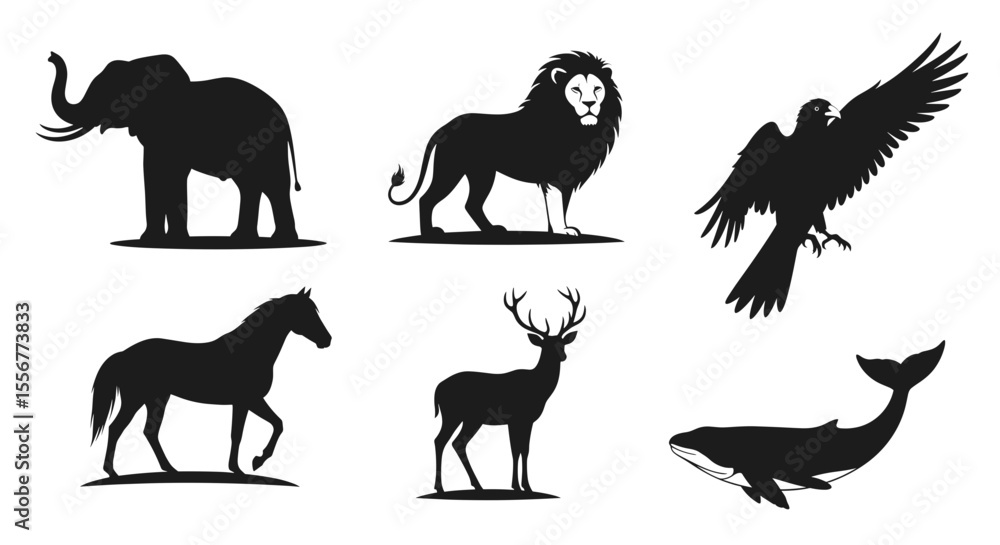 Obraz premium Collection of animal silhouettes including an elephant, lion, eagle, horse, deer and a whale all in a row