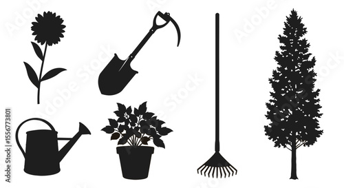 Assortment of gardening tools including a shovel, rake, watering can, and potted plant and tree