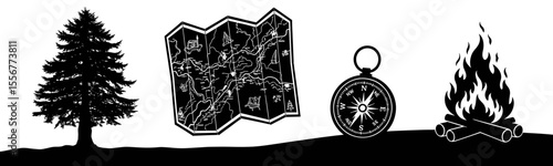 Outdoor adventure elements: tall tree, folded map, compass, and a blazing campfire illustration