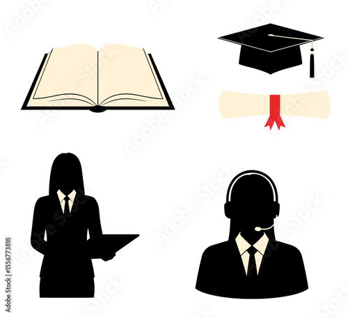 Open book, graduation cap, diploma, business woman and call center agent icons arranged together nicely