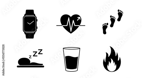 Icons depicting health and wellness including sleep, heart rate, water, and activity tracking