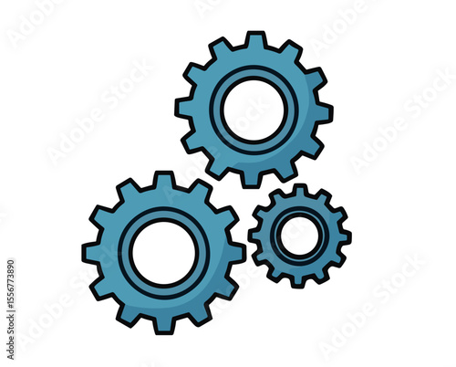 Three blue gears interlocked forming a mechanical system with visible inner workings and outer teeth