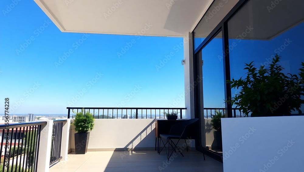 Fototapeta premium Balcony under clear noon sky, sharp shadows, summer vibe