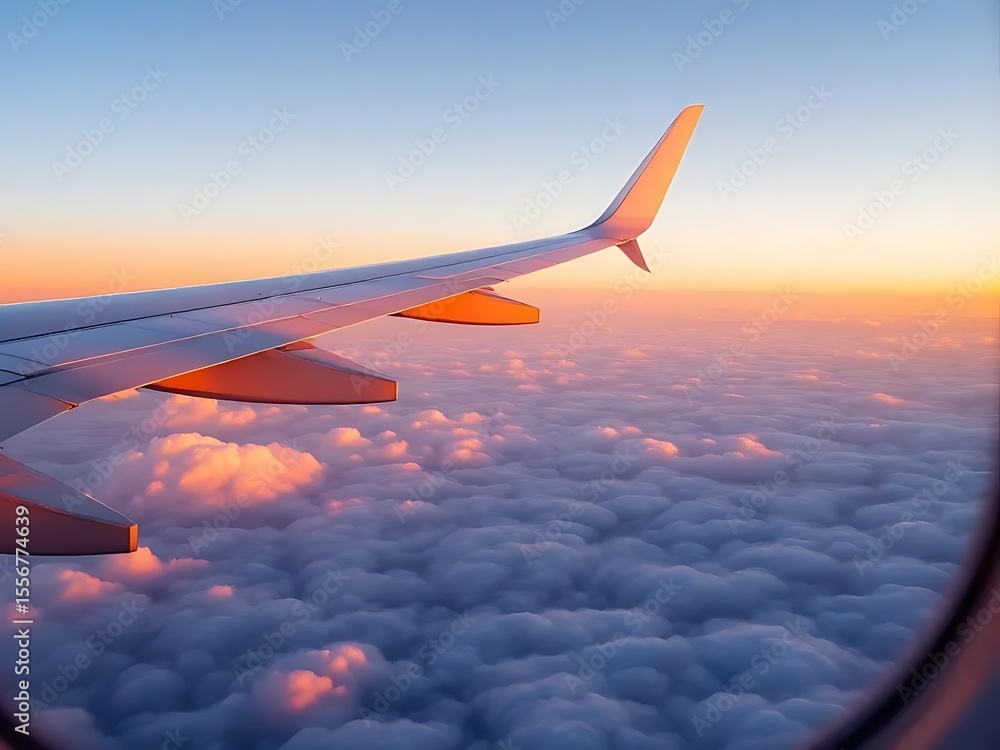 Fototapeta premium Airplane wing flying above a sea of clouds during sunrise, creating a tranquil and scenic travel moment. Perfect for travel, aviation, vacation, and inspirational content
