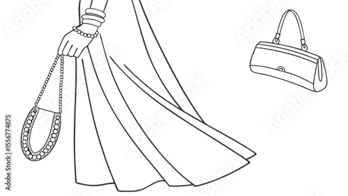 Illustration of a woman's dress with jewelry, holding a beaded purse, and a handbag in the background