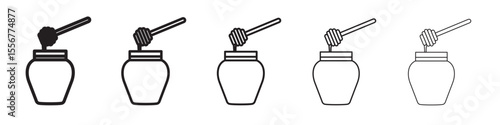 Honey jar with dipper icon thin flat outline style vector sign