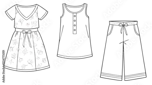 Illustration of a dress with floral pattern, a button down dress, and a pair of wide leg pants