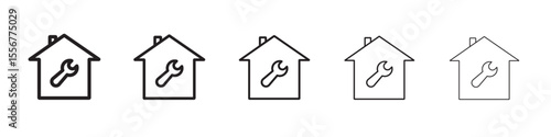 House with wrench repair icon thin flat outline style vector sign