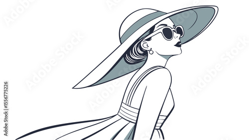 Illustration of a woman in a dress and hat with sunglasses looking up in a side profile view design