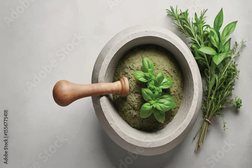 Ground Green Herbs in Stone Mortar with Wooden Pestle