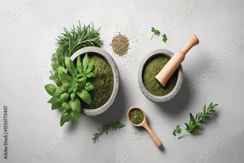 Ground Green Herbs in Stone Mortar with Wooden Pestle