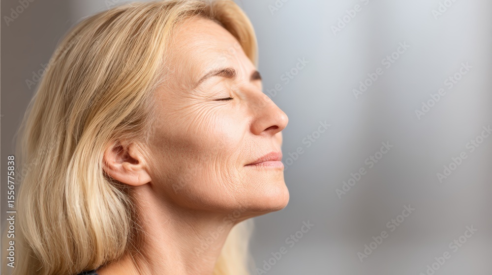 Serene and Elegant Woman with Blonde Hair in a Light Filled Room Serene and Elegant Woman with Blonde Hair in a Light Filled Room