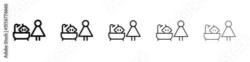 Mother washing baby in bath tub ico thin flat outline style vector sign