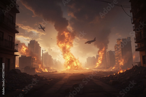 plane flying over a city filled with lots of fire