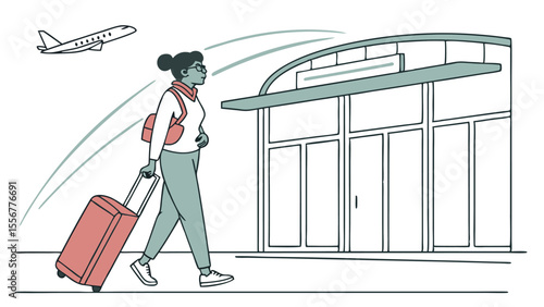 Woman pulling suitcase at airport terminal with airplane taking off in the background illustration