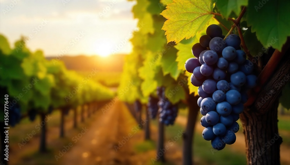 Fototapeta premium Sunlit Grapes Hanging Heavy on the Vine, Ready for Harvest A Picturesque Vineyard Scene Awaits Winemaking