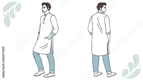 Illustration of a man in a kurta and jeans, seen from the front and back with floral accents on edges