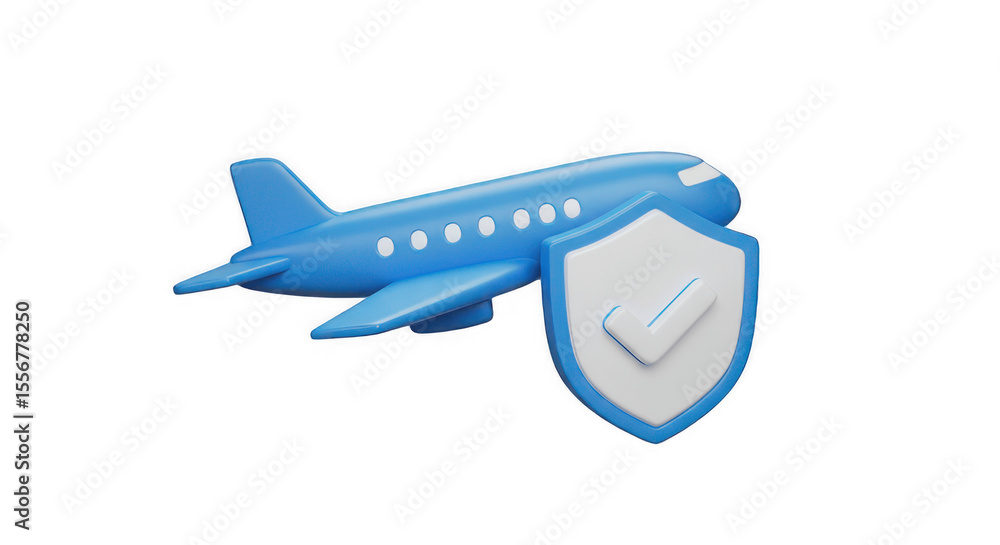 Fototapeta premium 3D Render of Blue Airplane with White Shield and Checkmark on Transparent PNG Background, airplane, aircraft, plane, secure, security, protection, insurance, safe