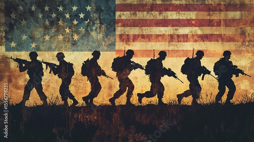 American soldiers silhouette with usa flag background military patriotic army war veterans day memorial