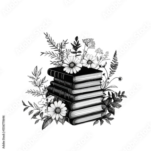 Artistic Black and White Illustration of Stacked Books Surrounded by Hand-Drawn Flowers and Plants for Creative Projects or Book Lovers