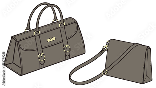Illustration of a trapezoidal handbag with handles and a rectangular crossbody bag with strap shown