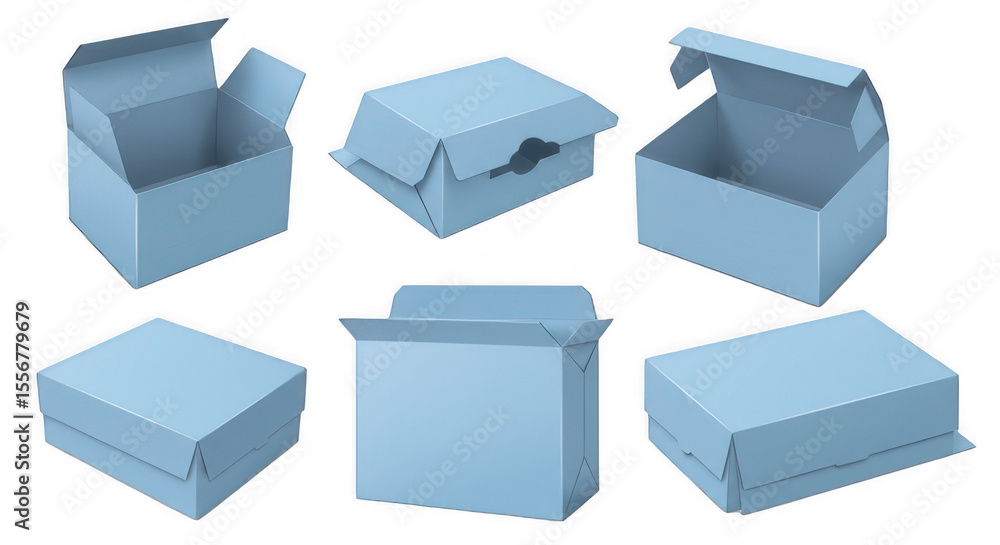 Set of Light Blue Cardboard Packaging Boxes in Various Shapes and Openings on Transparent PNG Background, Packaging boxes, cardboard boxes, blue boxes, boxes Set of Light Blue Cardboard Packaging Boxes in Various Shapes and Openings on Transparent PNG Background, Packaging boxes, cardboard boxes, blue boxes, boxes