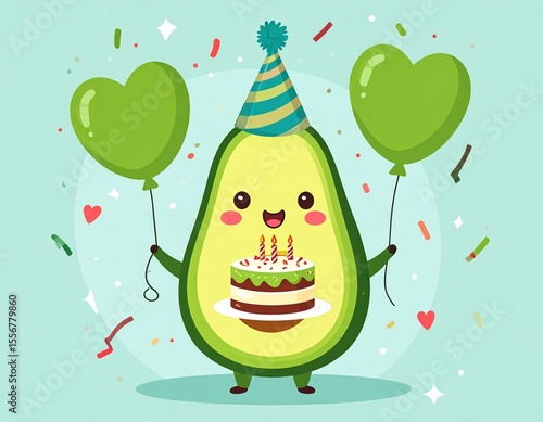 Cute happy birthday avocado with balloons.
