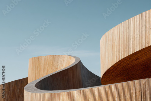 closeup of modern wooden building facades emphasizing organic shapes and textures