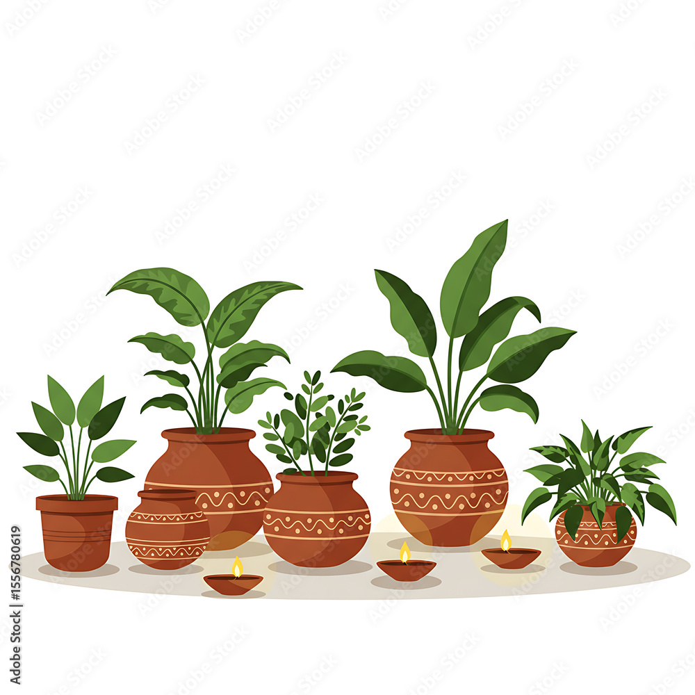 Fototapeta premium Serene Houseplants in Terracotta Pots: A Tranquil Indoor Garden with Candles