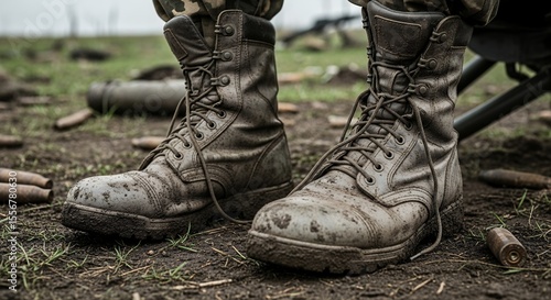 Closeup view of heavily soiled rugged military combat boots covered in mud and dirt standing on rough ground with spent shell casings battlefield environment detailed texture