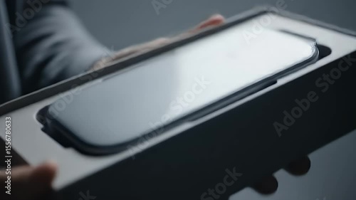 A light gray smartphone in a cardboard box being held by hands