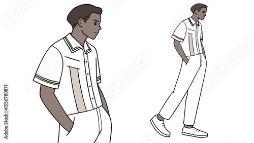 Two illustrations of a man in a white shirt and pants standing with hands in his pockets looking down