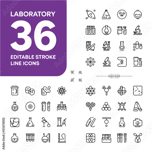 Science research laboratory outline icons present a collection of equipment for conducting research and development