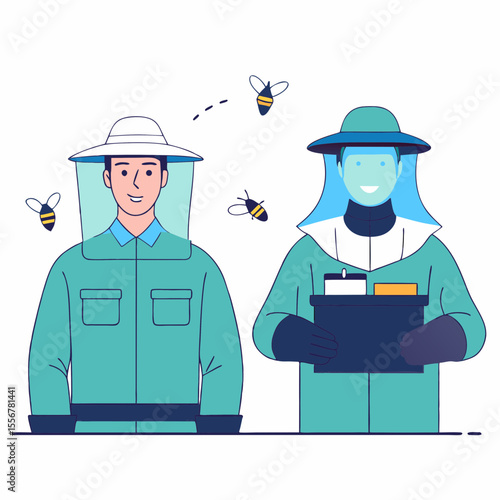 Beekeeper inspecting hive and honeycomb in flat minimal vector style, representing beekeeping, honey production, and eco-friendly farming practices for organic themes.