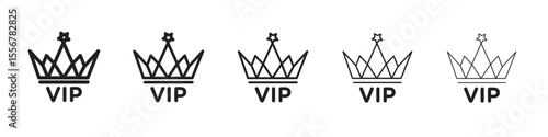 Vip text with crown icon thin flat outline style vector sign