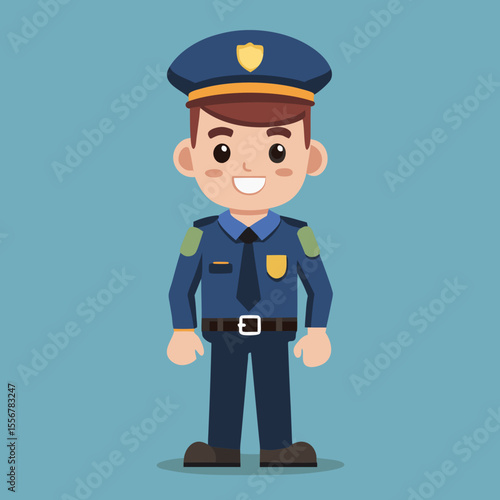 Flat style illustration of police officer character standing confidently in uniform with accessories, ideal for safety, law enforcement, public service, and authority concepts