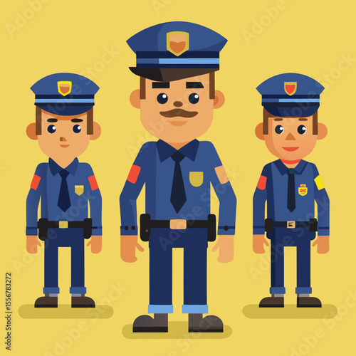 Professional flat design of police officer character ideal for urban patrol, emergency response, traffic control, or safety awareness and law enforcement education visuals