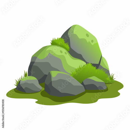 Clean vector rocks with soft moss overlay in minimal style, great for Zen landscapes, spa-themed graphics, outdoor garden visuals, or tranquil terrain illustrations