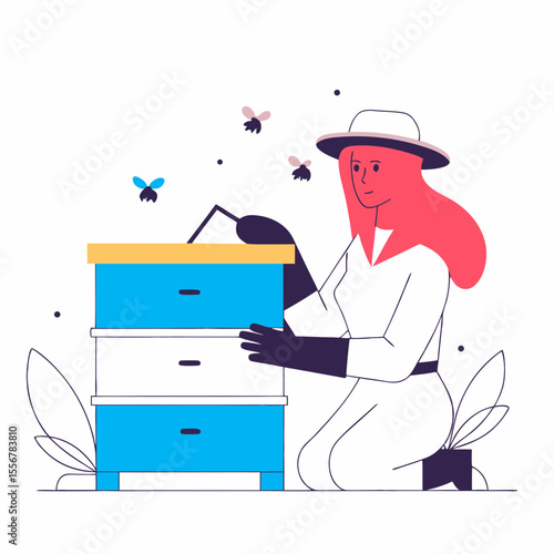 Flat minimal vector of female beekeeper checking hive with bees around, great for honey production content, apiculture visuals, eco-living promotion, or agricultural branding.