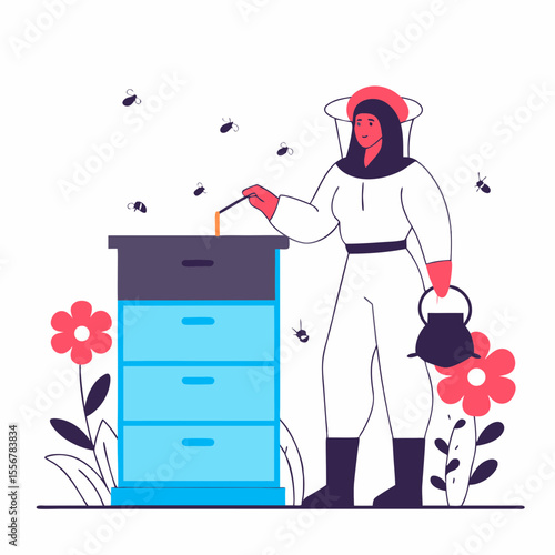 Flat vector of woman beekeeping with buzzing bees around hive, designed for ecological awareness, rural lifestyle promotion, organic honey visuals, and natural farming content.