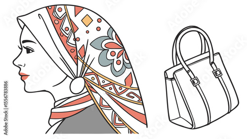 Illustration of a woman in a patterned hijab and a handbag with handles on a white background view