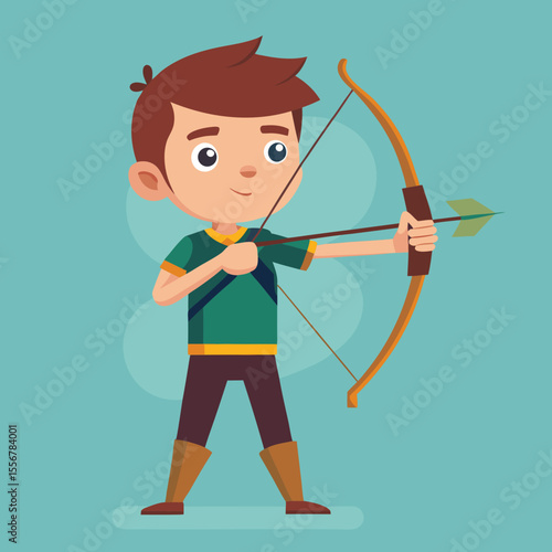 Child archer training with target focus, clean flat vector illustration for hobby, sports education, or discipline content