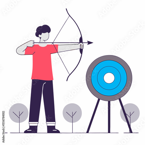 Cartoon vector of a young archer boy targeting practice in open field, active lifestyle and focus-based design
