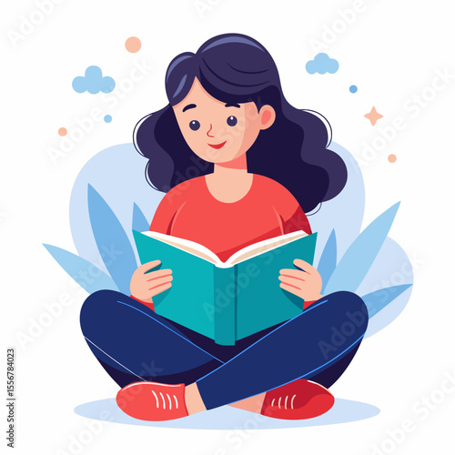 Student girl enjoying reading time with a book in hand, colorful flat vector character for school or learning visuals