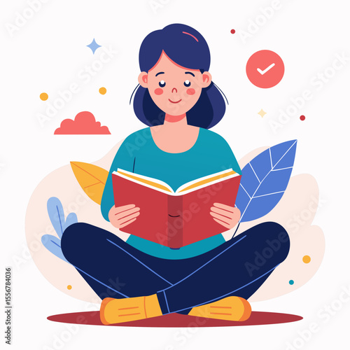 Happy girl immersed in a book, sitting posture, flat modern illustration suitable for children’s education topics