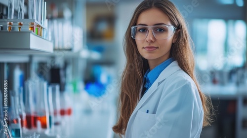 A focused young female scientist in a lab coat and protective eyewear stands confidently in a modern laboratory environment, surrounded by scientific equipment.