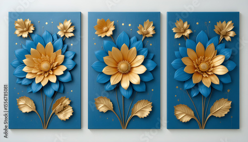 Set of three modern 3D floral wall art panels in blue and gold