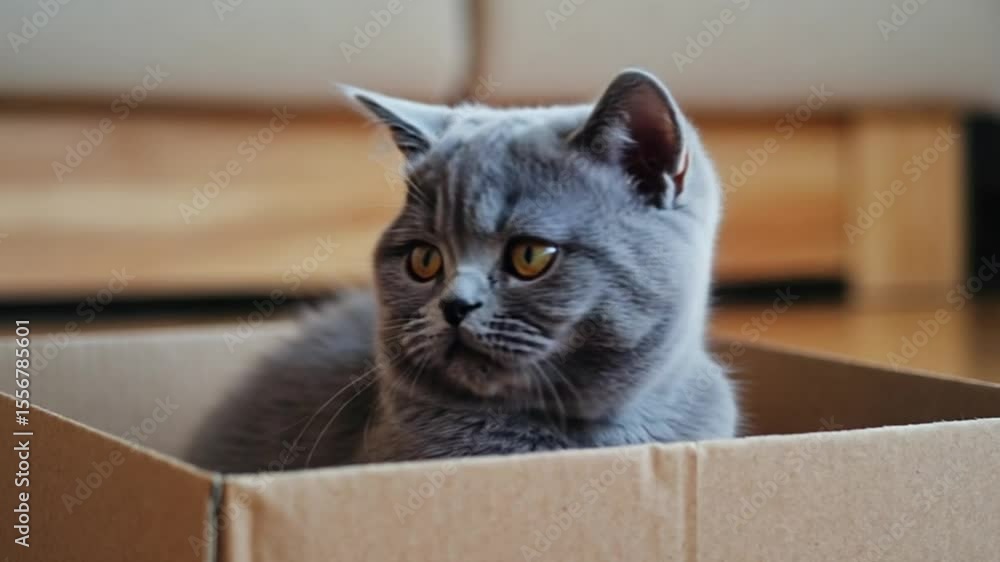 Grey kitten sitting inside a cardboard box, with a cozy home environment in the background Grey kitten sitting inside a cardboard box, with a cozy home environment in the background