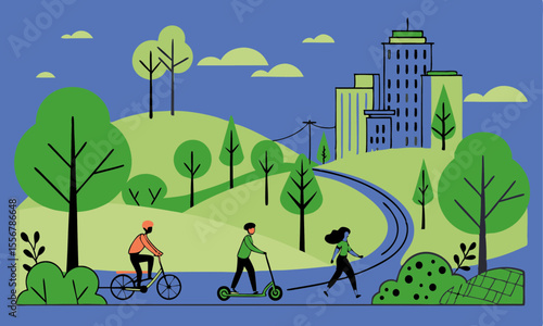 Happy Family Walking in Park Illustration.
