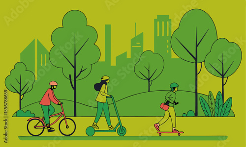 Happy Family Walking in Park Illustration.
